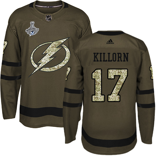 Men Adidas Tampa Bay Lightning #17 Alex Killorn Green Salute to Service 2020 Stanley Cup Champions Stitched NHL Jersey->tampa bay lightning->NHL Jersey